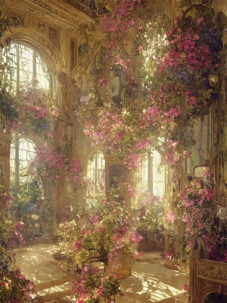 Image similar to a beautifull intricate watercolour painting of a victorian room with many flowers, reflexions, verry high details by william turner art, greg rutkowski and alphonse mucha, trending on artstation, very very detailed, masterpiece, golden hour lighting, wide lens,