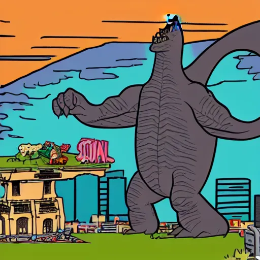 Image similar to godzilla cartoon style, with one hand destroys the city, with the other one eats cake