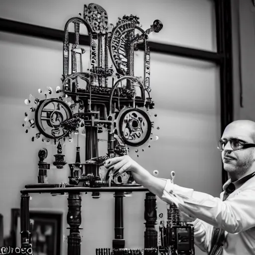 Image similar to a random pointlessly elaborate intricate contraption pneumatic machine with no apparent purpose, being operated by a scholarly looking man with a clear directed gaze, xf iq 4, f / 1. 4, iso 2 0 0, 1 / 1 6 0 s, 8 k, raw, unedited, symmetrical balance, in - frame