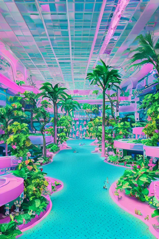 Image similar to photo of a vaporwave aesthetic indoor liminal 90s mall with a lazy river, long shot, cinematography by Wes Anderson, 4k octane render, intricate detail, photorealistic , cinematic lighting, Artstation,