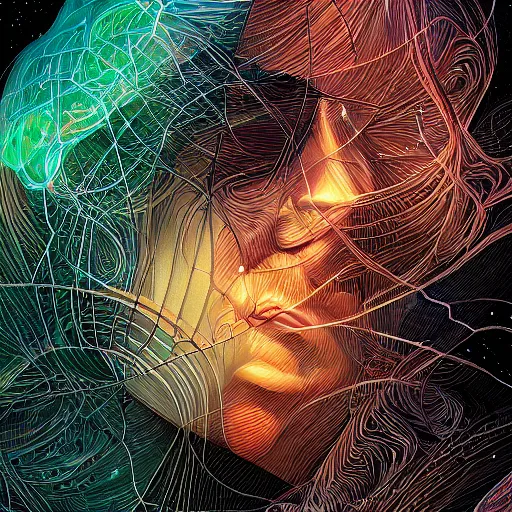 Prompt: beautiful portrait of intelligence, spatial space deformation in latent space, math art, digital circuits, wires, astral plane, by artgerm and dan mumford and gustave dore, ambient occlusion