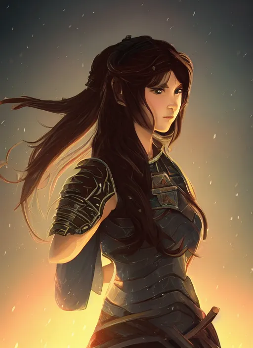 Image similar to a beautiful woman with long dark brown hair wearing armor, RPG portrait, japanese fantasy, feudal japan, by lois van baarle, Ilya Kuvshinov, WLOP, Rossdraws, ambient lighting, dynamic lighting