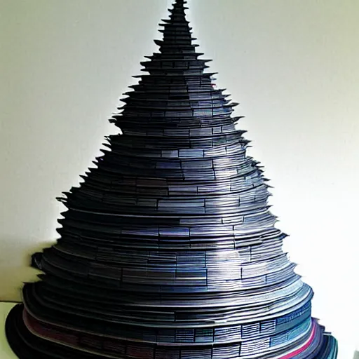 Image similar to tower of babel reaching up to heaven but it is made from 12 inch vinyl LPs