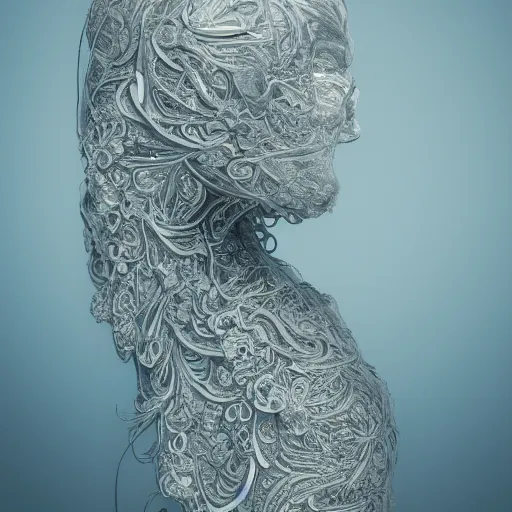 Image similar to beatifull face portrait of a woman, 150 mm, anatomical, flesh, flowers, mandelbrot fractal, facial muscles, veins, arteries, intricate, golden ratio, full frame, microscopic, elegant, highly detailed, ornate, ornament, sculpture, elegant , luxury, beautifully lit, ray trace, unreal, 3d, PBR, in the style of peter Gric , alex grey and Romero Ressendi