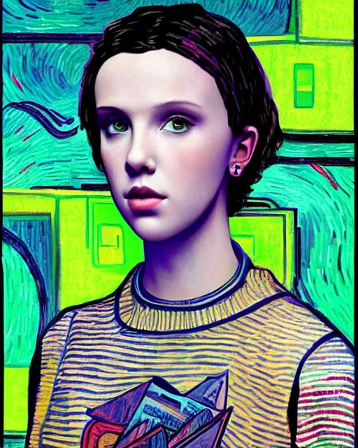 Image similar to portrait of cyberpunk millie bobby brown by vincent van gogh, digital art