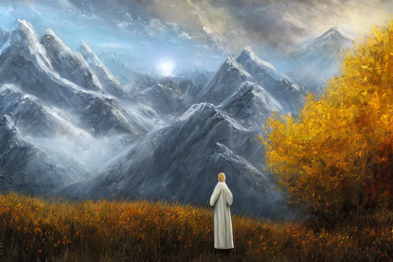 Image similar to concept art, mood painting, environment painting, rohan man holding white flower looking at flower large field autumn october snow capped mountains in background lord of the rings lotr. style of, ryan church, jon mccoy, george hull, painting