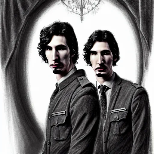 Prompt: a portrait of john oliver standing next to adam driver, stoic, military uniform, fantasy, intricate, elegant, beautiful, highly detailed, charcoal, centered, dark, smokey, digital painting, artstation, concept art, smooth, sharp focus, illustration, art by samma van klaarbergen - h 7 0 4