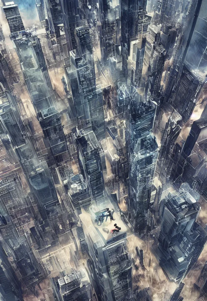 Prompt: multiple people diving down from buildings, futuristic city, street view, detailed, hyper realistic, dramatic