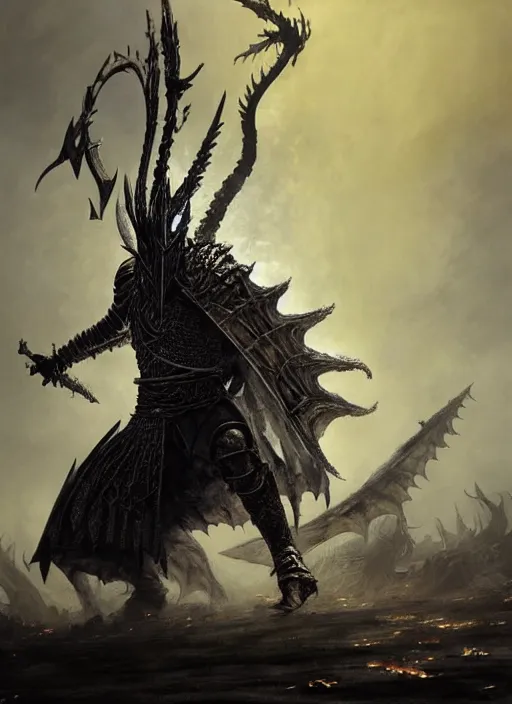 Image similar to folk horror illustration of the nameless king (armored ancient god of war and thunder who rides a storm dragon) from dark souls 3, art by greg rutkowski, art by craig mullins, art by thomas kincade, art by Yoshitaka Amano