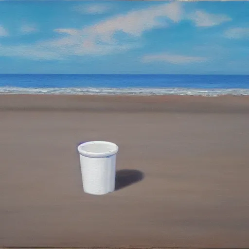 Image similar to an oil painting of a giant white styrofoam cup on the beach, the cup has red water unside of it, surrealism