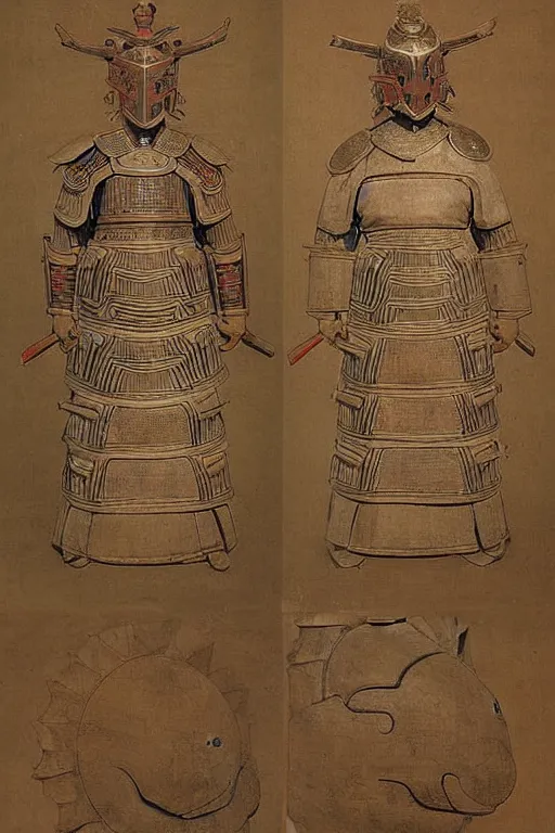 Image similar to a set of battle armor and helmet in tang dynasty of china, ancient, fine pattern carving, by bouguereau