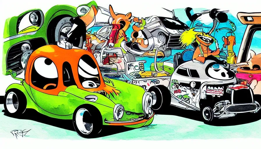 Image similar to funny, comic book style, racoon riding in a tiny hot rod coupe with oversized engine, ratfink style by ed roth, centered award winning watercolor pen illustration, by chihiro iwasaki, edited by range murata