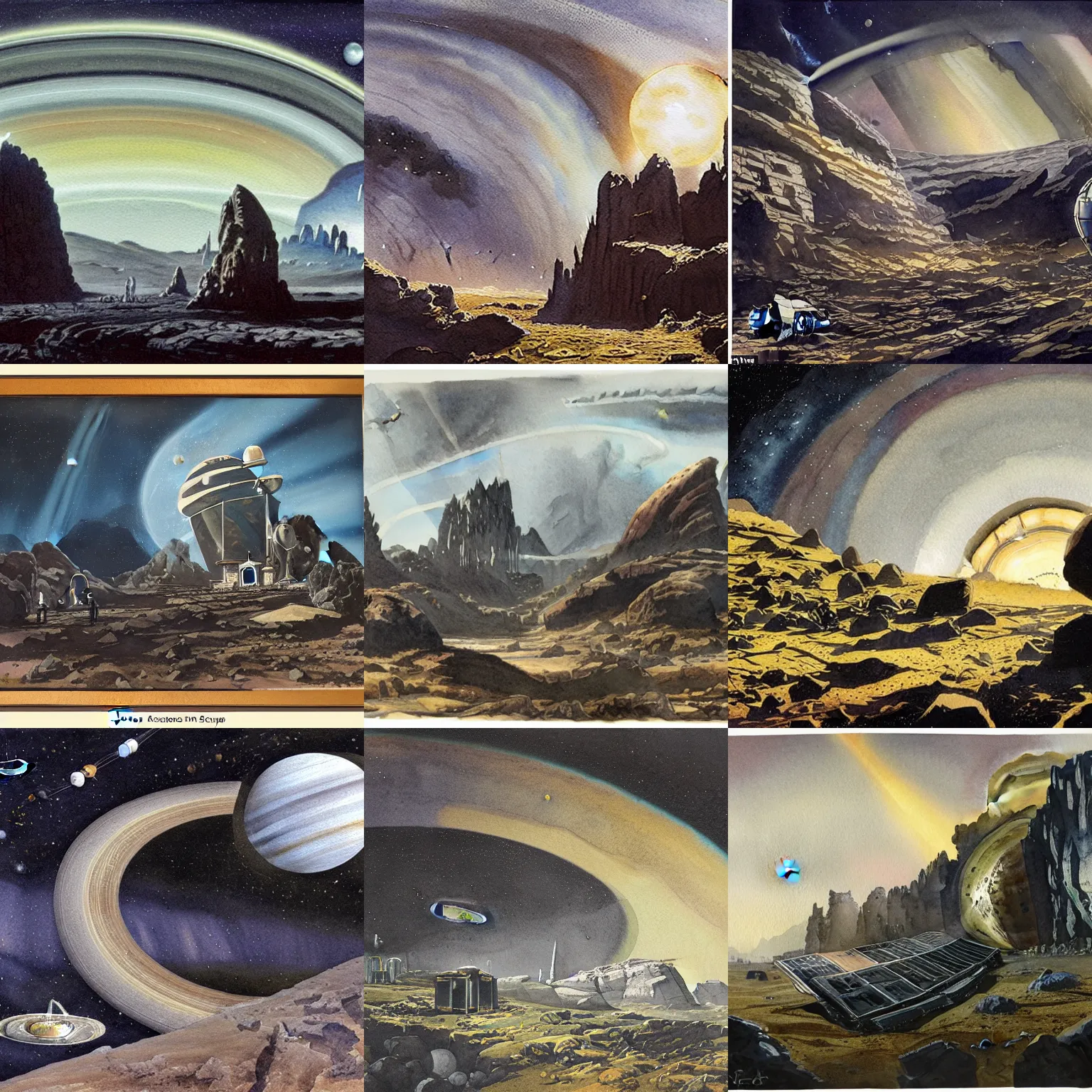 Prompt: a watercolour of a gothic asteroid mining station with the rings of saturn in the background by john blanche, highly detailed