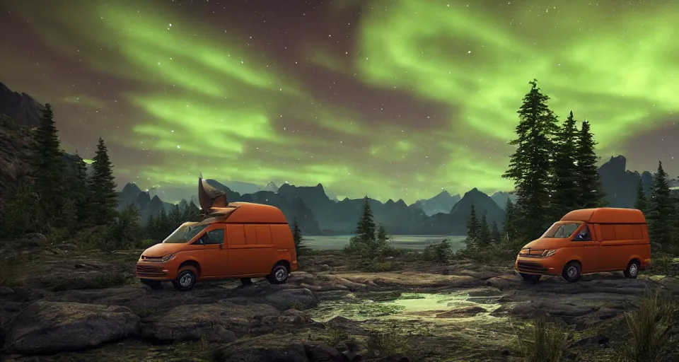 Prompt: An epic fantasy style landscape painting of a Mountainrange and a lake, with a starry sky and aurora and a Volkswagen Caddy Campervan, unreal 5, DAZ, hyperrealistic, octane render, dynamic lighting