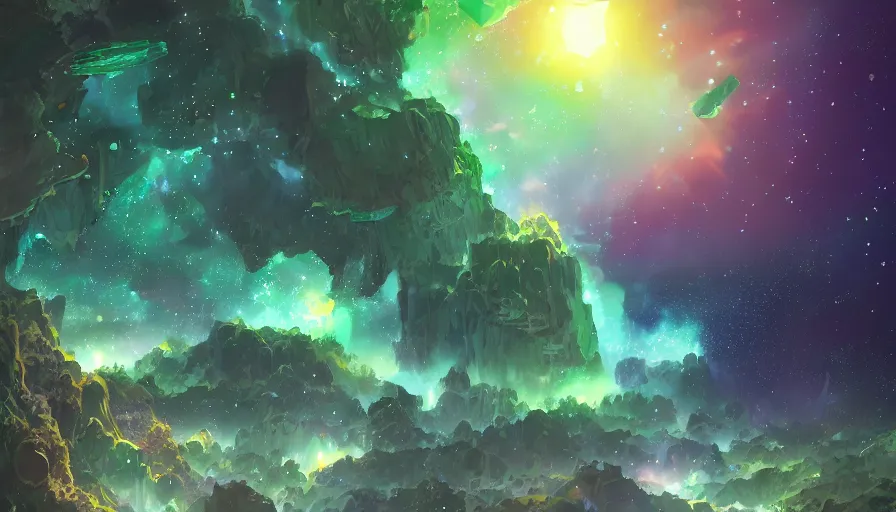 Prompt: A highly detailed digital art painting of a jade green crystalline crystal jade gemstones sparkling cave at night, shimmering starry nebula sky by Studio Ghibli, Makoto Shinkai, by Artgerm, by beeple, volumetric lighting, octane render, 4K resolution, trending on artstation, masterpiece, vivid colours