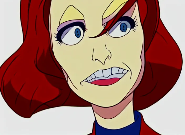 Prompt: a shaded animation cel of dana scully, realistic anatomy, in the style of don bluth, disney, dreamworks animation, filmation, toei animation, studio trigger, bruce timm, jack kirby, studio ghibli, 5 k, artstation trending