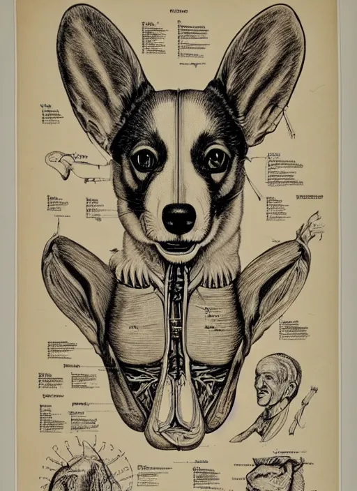 Image similar to vintage medical anatomical illustration of a corgi ( 1 9 8 4 ), highly detailed, labels, intricate writing