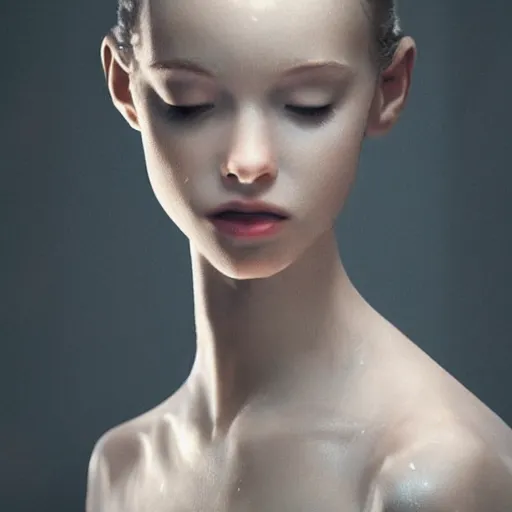 Image similar to portrait of a ballerina with a beautiful porcelain face, rain, cinematic light and reflections, beautiful dreamy lighting, photographed by annie leibovitz, zbrush,