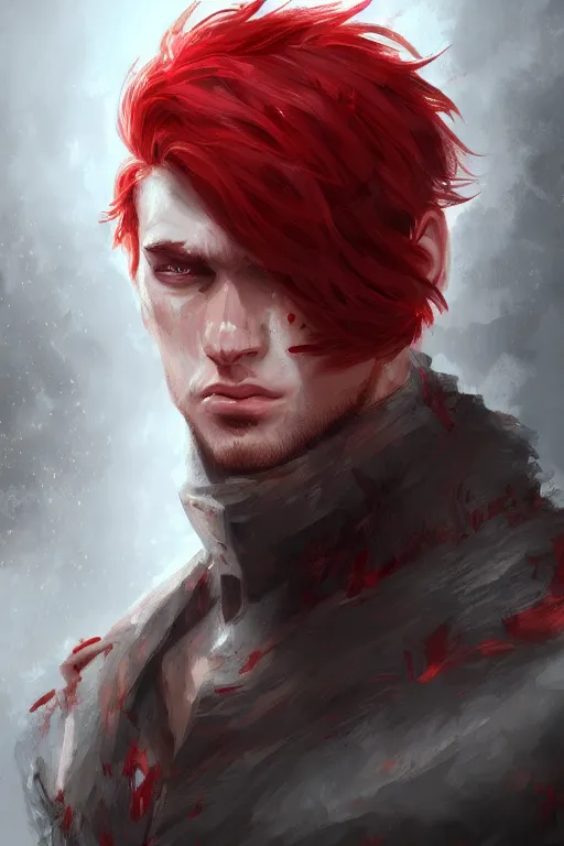 Image similar to A handsome man with a blood red hair, white eyes, fantasy, portrait, sharp focus, intricate, elegant, digital painting, artstation, matte, highly detailed, concept art, illustration, ambient lighting