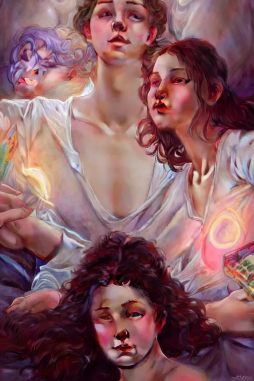 Image similar to three college girls rolling hard on ecstasy and tripping on lsd glistening with sweat on the bed amd hallucinating, realistic portrait, highly detailed, digital painting, artstation, concept art, smooth, sharp focus, illustration, cinematic lighting, art by artgerm and greg rutkowski and alphonse mucha