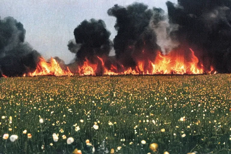 Image similar to vhs 1 9 8 0 s footage of a scene from the movie midsommar a - line shaped wooden building on fire, field of flowers