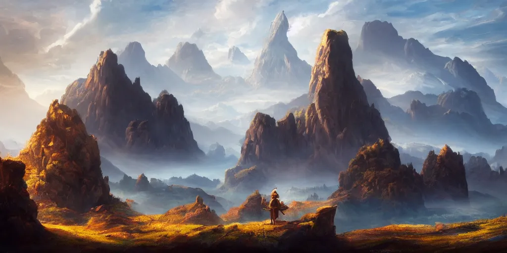 Prompt: A stunning cinematic painting of an ancient valley with a giant god made of rock and energy looking over it