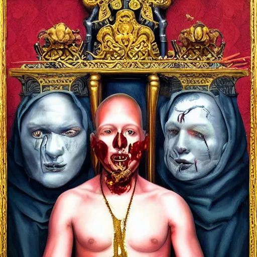 Image similar to hyper realistic painting of a handsome man symmetrical, sitting in a gilded throne, tubes coming out of the man's arm with blood, getting a blood transfusion from a baby, bloody ivs, plague doctor in the background created by wes andersson