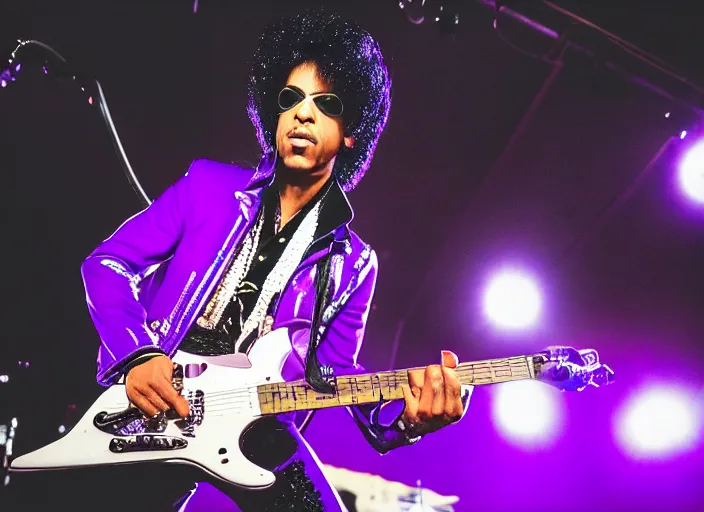 Image similar to photo still of prince from purple rain on stage at vans warped tour!!!!!!!! at age 3 3 years old 3 3 years of age!!!!!!!! shredding on guitar, 8 k, 8 5 mm f 1. 8, studio lighting, rim light, right side key light