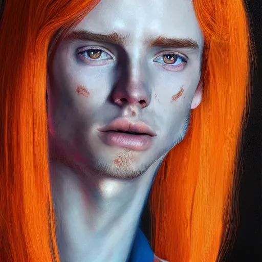 Image similar to portrait of a thin young man with long red hair, ponytail, a lot of freckles on his face, intricate, elegant, glowing lights, highly detailed, digital painting, artstation, concept art, smooth, sharp focus, illustration