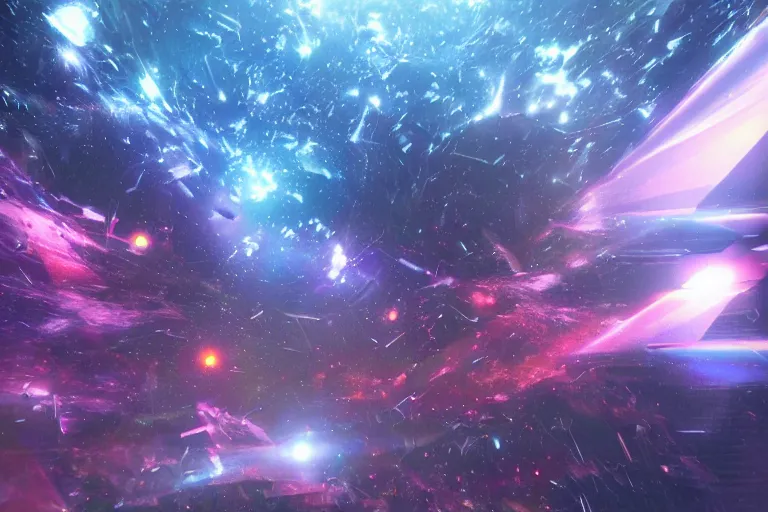 Image similar to breaking through the dimensional barrier of our universe, chromatic colors, hyperrealistic, octane render, dynamic lighting, intricate detail