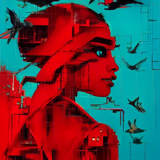 Image similar to portrait of a daydreaming melancholic latina woman in red habit being progressively rasterized into virtual pixels, she is surrounded by digital birds and a giant loving neon mecha robot is beside her, oil on canvas by yoji shinkawa, esao andrews and dave mckean