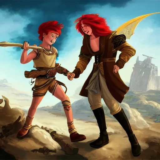 Image similar to A sky-pirate with long red hair meeting a young boy thief with blonde hair on an airship, epic fantasy art style