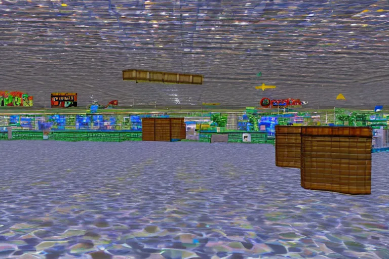 Prompt: flooded walmart in a nintendo 64 game, ps1 screenshot, ocarina of time screenshot