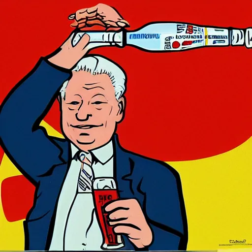 Image similar to yeltsin with a bottle of vodka in his hand encourages people to drink vodka, art in the style of soviet propaganda posters in color