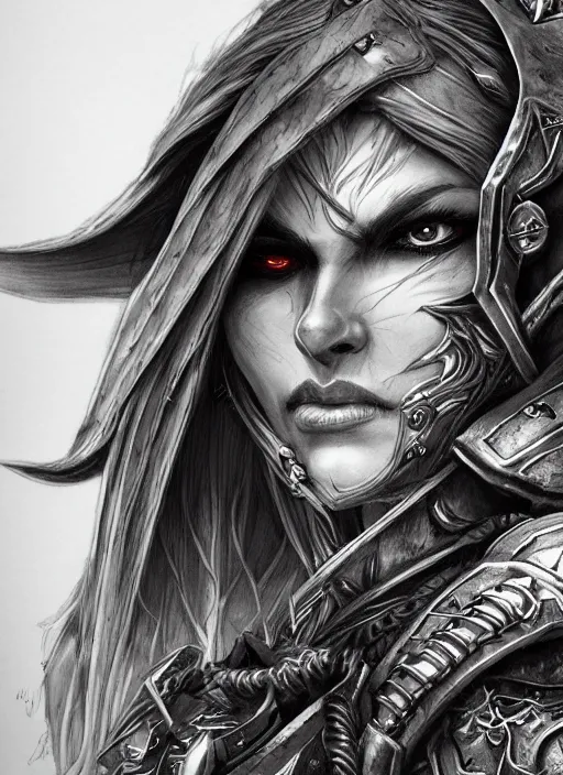 Image similar to close up portrait of sylvanas windrunner, powerful, domineering, stoic, masterful, intense, ultrafine hyperdetailed illustration by kim jung gi, irakli nadar, intricate linework, sharp focus, octopath traveler, yoji shinkawa, highly rendered, detailed, concept art