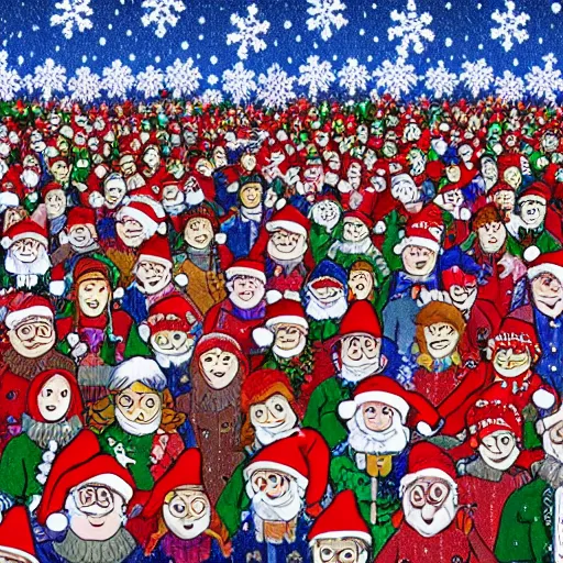 Image similar to highly - detailed, distant shot, notebook, colored, 4 k - resolution, seasonal, waldo hiding, in a crowd wearing christmas outfits.