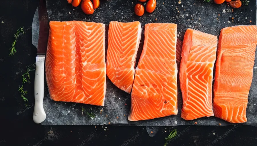 Image similar to falling asleep cuddling with huge cuts of salmon being prepared, slicing a salmon filet cuddling and wrapping up sleeping people