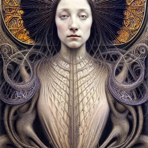 Prompt: detailed realistic beautiful young medieval queen face portrait by jean delville, gustave dore, iris van herpen and marco mazzoni, art forms of nature by ernst haeckel, art nouveau, symbolist, visionary, gothic, pre - raphaelite, fractal lace, surreality, horizontal symmetry, intricate hyper detailed ultra sharp octane render