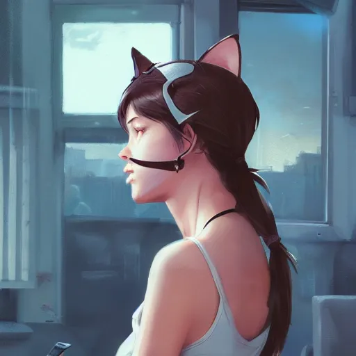 Prompt: cute woman wearing tank top and cat ears plays on computer, digital art, photorealistoc, art by greg rutkowski, hyperdetailed, western comic style, comic, comic style, sharp lineart, professional lighting, deviantart, artstation, trevor henderson, rossdtaws, cinematic, dramatic