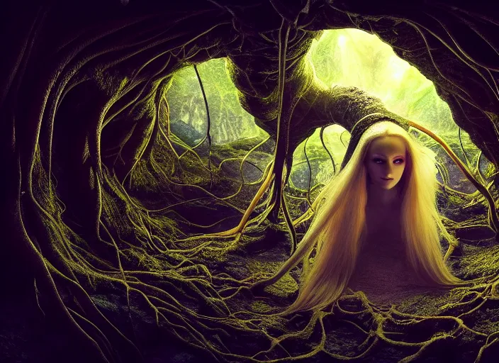 Image similar to photo of roots growing down from a ceiling in an underground cavern wrapped around an elven woman. Fantasy magic horror style. Highly detailed 8k. Intricate. Nikon d850 55mm. Award winning photography.