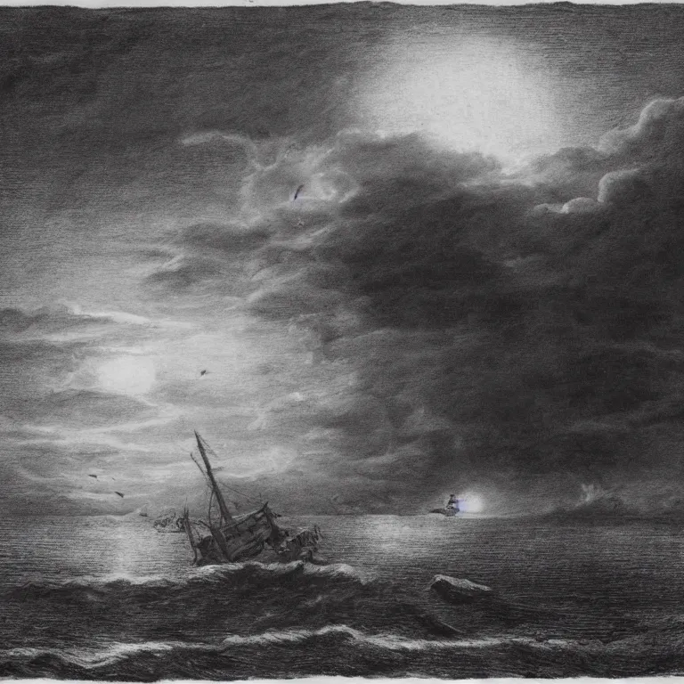 Prompt: the ship of theseus wrecked upon the night's plutonian shore, charcoal masterpiece by Edgar Allan Poe