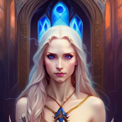 Image similar to half elf sorceress, D&D, blue eyes, blonde hair, fantasy, intricate, elegant, highly detailed, digital painting, artstation, concept art, smooth, sharp focus, illustration, art by artgerm and greg rutkowski and alphonse mucha