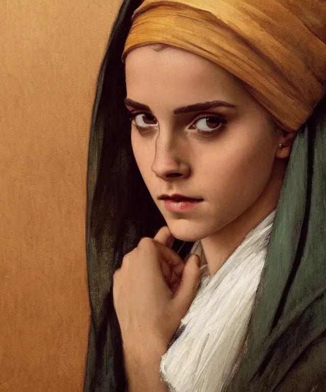 Image similar to Emma Watson as the girl with the pearl earring, highly detailed, digital painting, artstation, concept art, smooth, sharp focus, illustration, ArtStation, art by artgerm and greg rutkowski and alphonse mucha and J. C. Leyendecker and Edmund Blair Leighton and Katsuhiro Otomo and Geof Darrow and Phil hale and Ashley wood and Ilya repin and Charlie Bowater