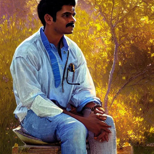 Image similar to close up a beautiful Indian doctor wearing jeans and a shirt in Texas in 2022, sun shining, photo realistic illustration by greg rutkowski, thomas kindkade, alphonse mucha, loish, norman rockwell.