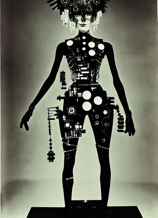 Prompt: Portrait of a punk goth fashion fractal mecha girl with a television head wearing kimono made of circuits and leds, surreal photography by Man Ray