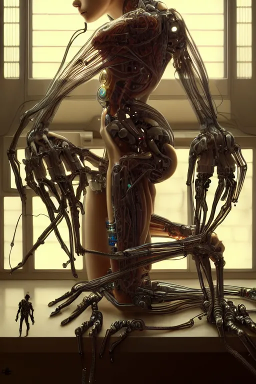 Image similar to ultra realistic, a beautiful cyborg woman's nervous system and organs are spread over a lab table, sci - fi, intricate details, eerie, highly detailed, octane render, 8 k, art by artgerm and alphonse mucha and greg rutkowski