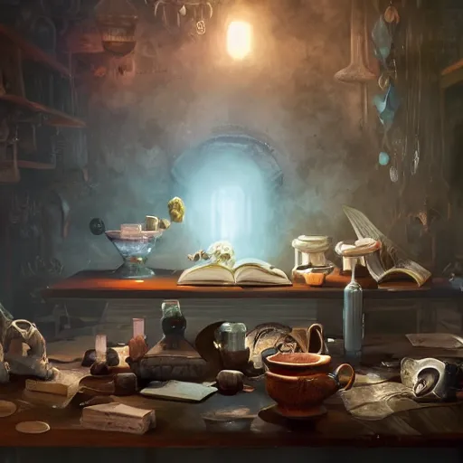 Image similar to hyper real, table, wizards laboratory, lisa parker, greg rutkowski, mortar, pestle, scales with magic powder, energy flowing, magic book, beakers of colored liquid, tony sart