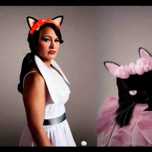 Prompt: Dwayne Johnson wearing a maid dress and cat ear headband, photorealism, photorealistic imagery, fullbody model shoot,