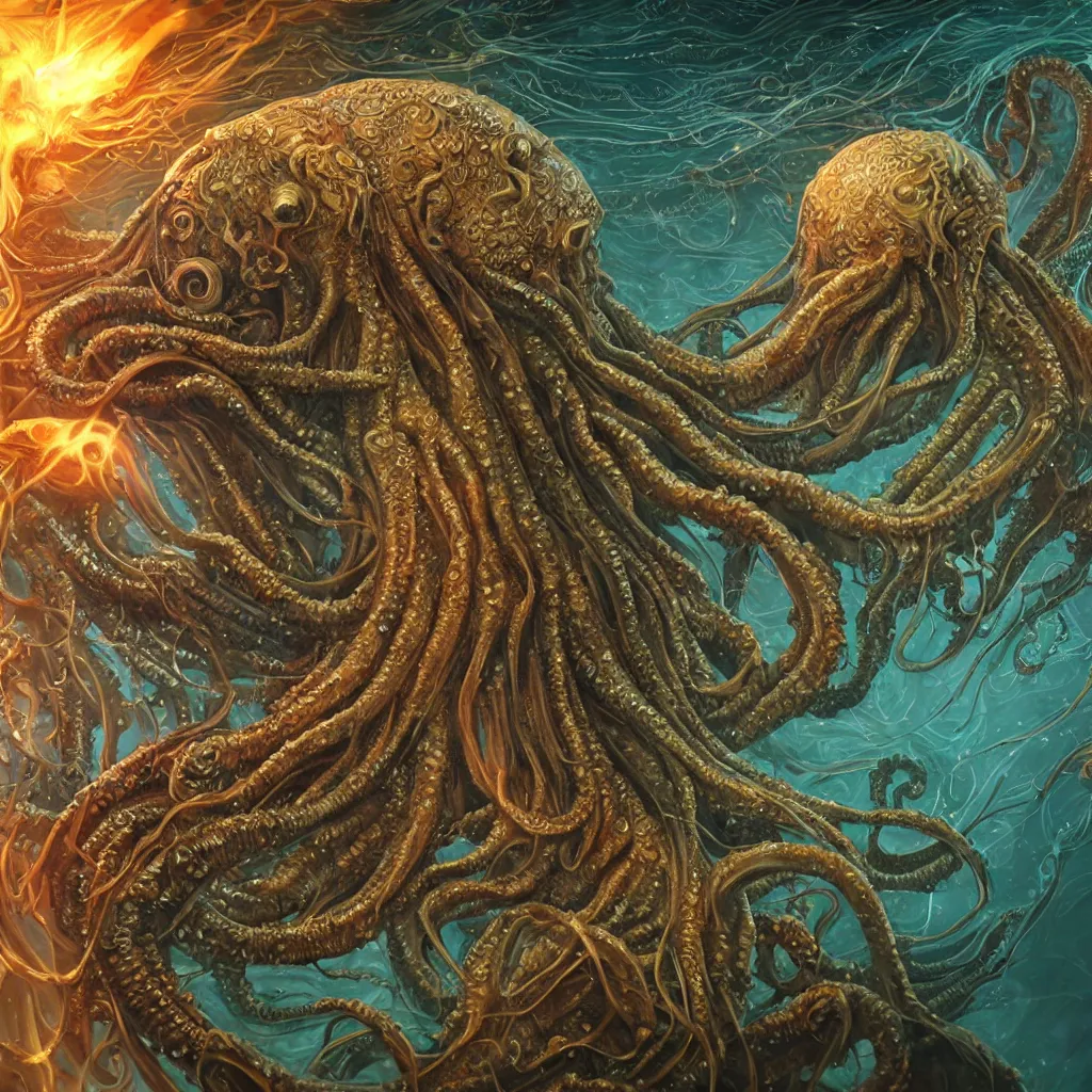 Image similar to close-up macro portrait of a Cthulhu and other fantastical sea creatures, epic angle and pose, ribcage bones symmetrical artwork, 3d with depth of field, blurred background, cybernetic jellyfish female face skull phoenix bird, translucent, nautilus, energy flows of water and fire. a highly detailed epic cinematic concept art CG render. made in Maya, Blender and Photoshop, octane render, excellent composition, cinematic dystopian brutalist atmosphere, dynamic dramatic cinematic lighting, aesthetic, very inspirational, arthouse. Greg Rutkowski, Ilya Kuvshinov, WLOP, Stanley Artgerm Lau, Ruan Jia and Fenghua Zhong