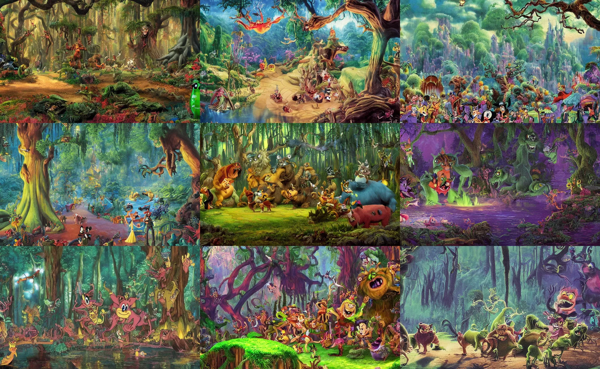 Prompt: Movie frame from the one big edgy Monster energy drink coloured Disney animated motion picture released in 1937, beautiful enchanted forest full of Monster energy drink critters, directed by Walt Disney energy drink, highly detailed background paintings by Thomas Kinkade